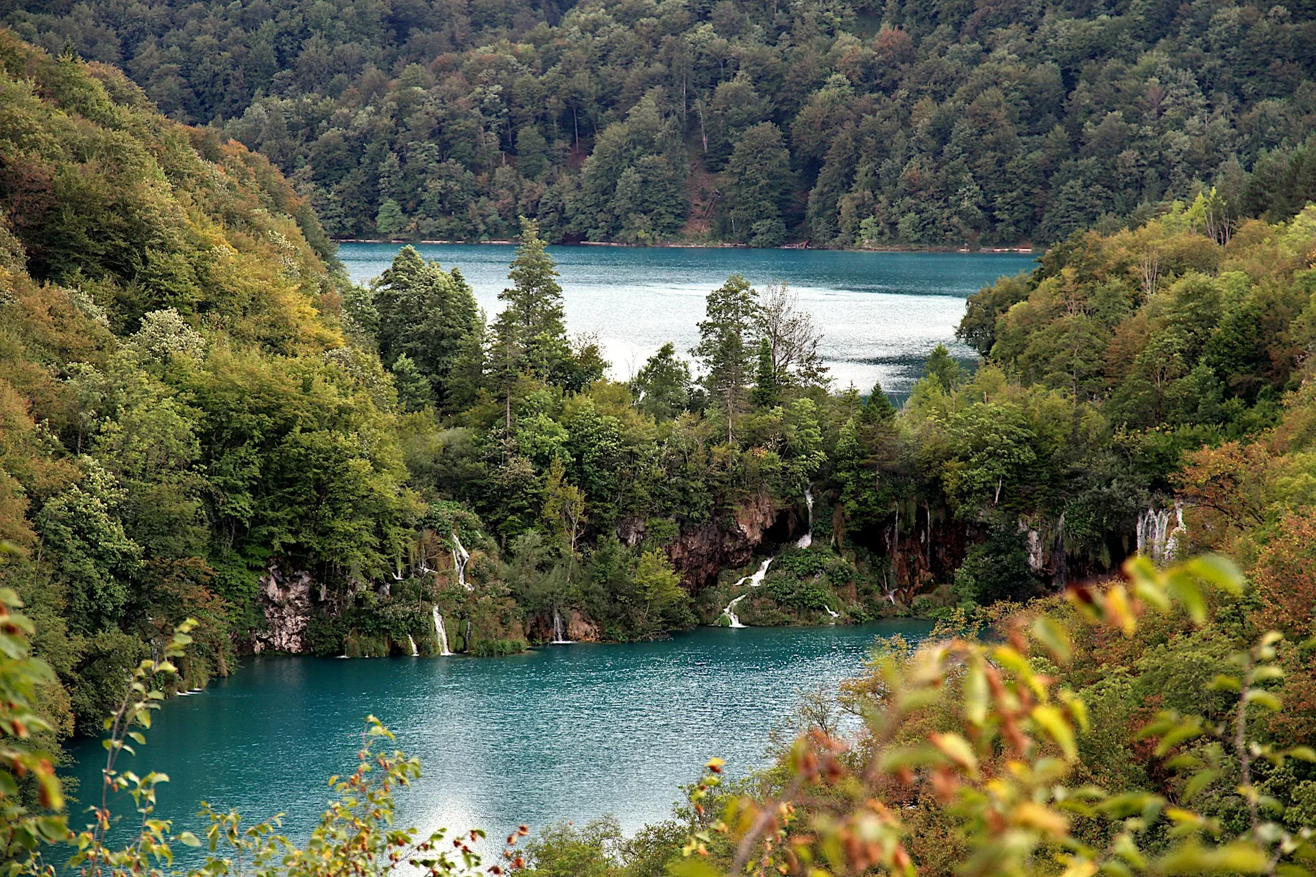 Turquoise lake and autumn forest at Plitvice Lakes on a day trip from Split